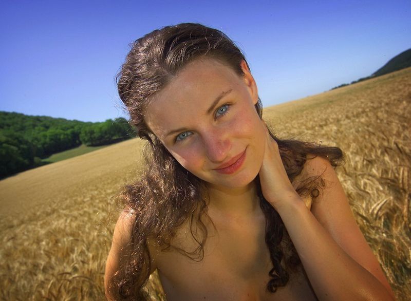 young brunette girl with blue eyes reveals on a wheat field